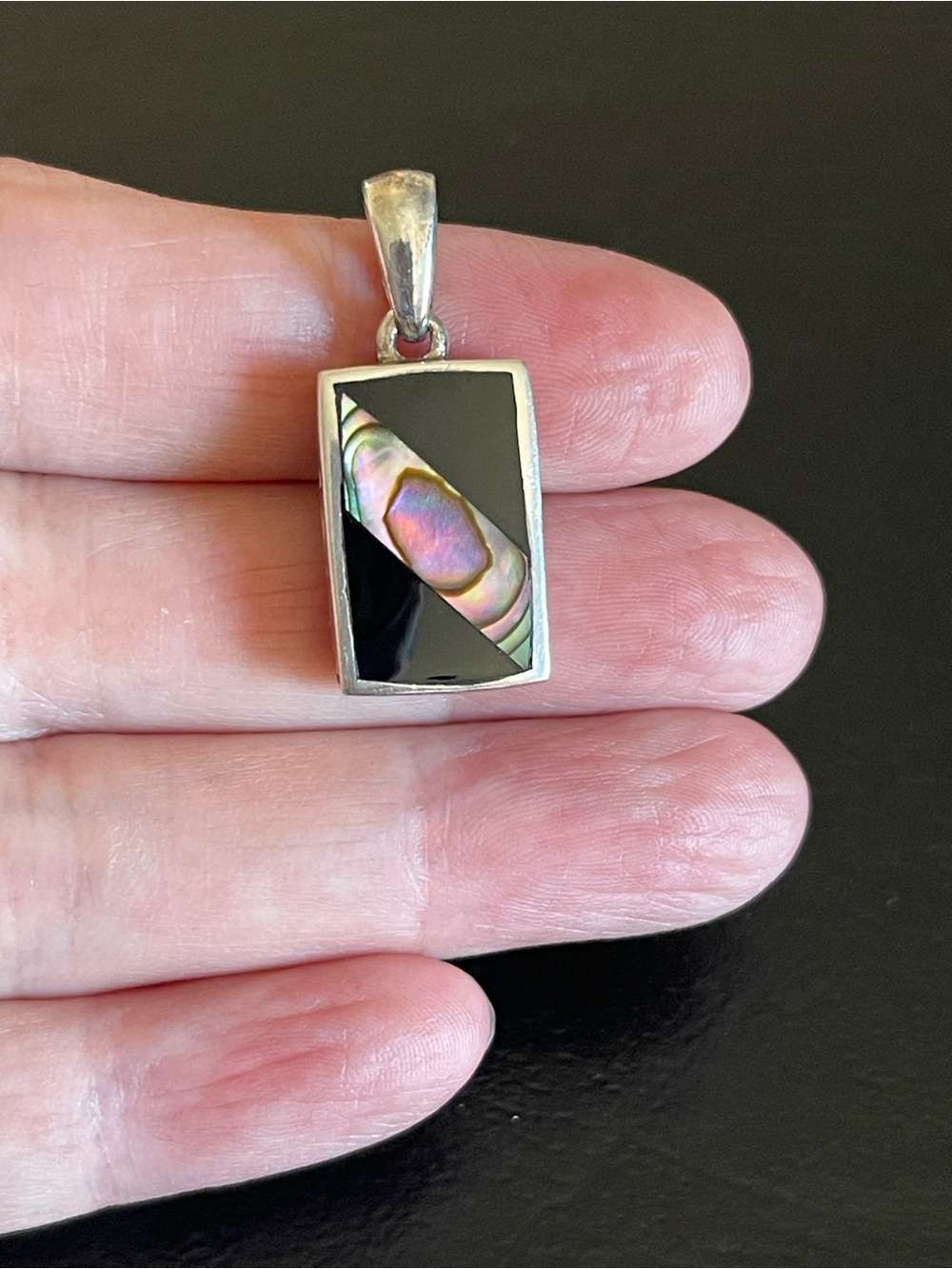 925 Sterling Silver Black Onyx and Abalone Rectangle Pendant
